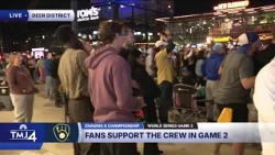 Brewers fans cheer on the team through World Series Game 2 at Deer District watch party