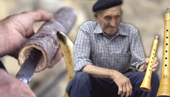 Cuerno de toro y madera de pino para elaborar una flauta o gaita de pastor artesanal