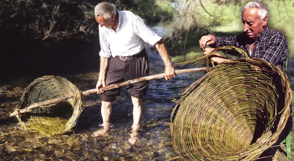 Cesta de pesca ancestral hecha de mimbre. Trenzado a mano por un experto cestero y su uso en el río