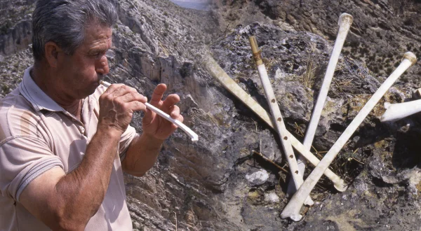 Instrumentos musicales populares: flauta de ala de buitre, carraclas, albokas, toberas y txalapartas
