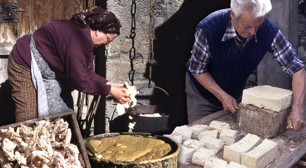 Jabón artesanal con aceite usado y sosa. Elaboración tradicional en el Pirineo