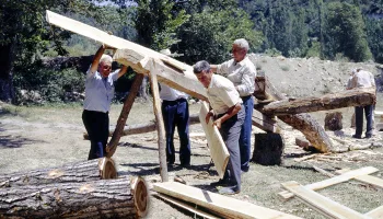 Aserradores y cortadores de madera en el bosque. Transformación de troncos en tablas