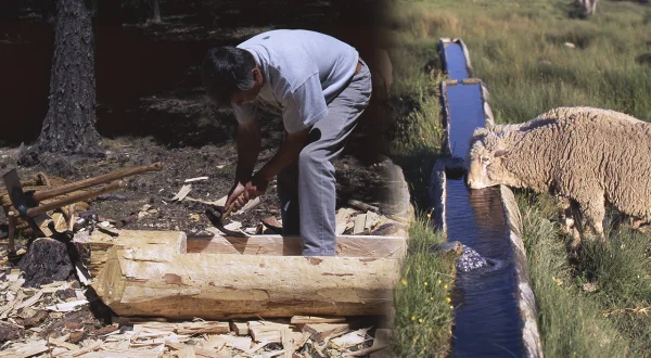 Gamellones para retener el agua. Fabricación a mano con troncos de pino