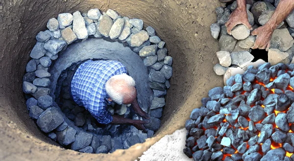Horno de cal artesanal en el monte. Elaboración con piedra caliza y arbustos secos