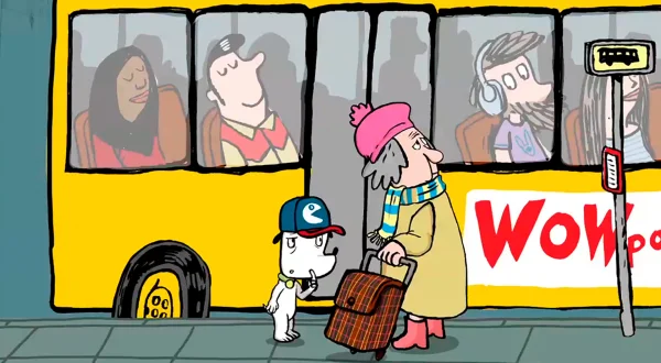 Hunden Ib - går ud af bussen