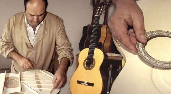 Guitarra clásica artesanal. Fabricación manual en el taller de una familia de expertos guitarreros